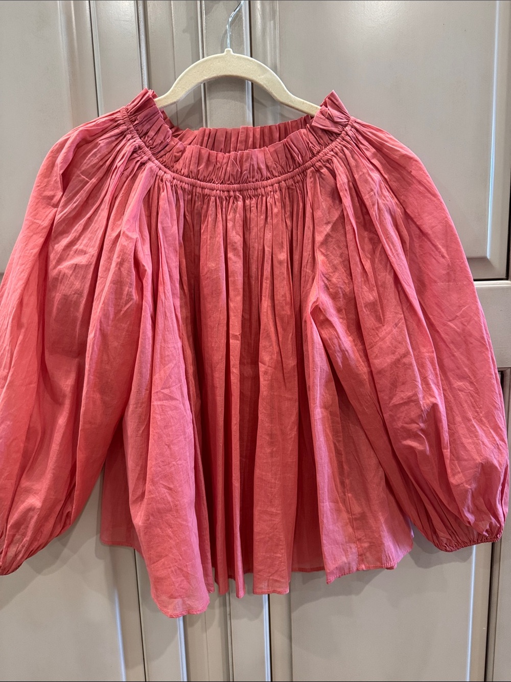 THE GREAT. Coral-Pink Gathered Off-Shoulder Blouse